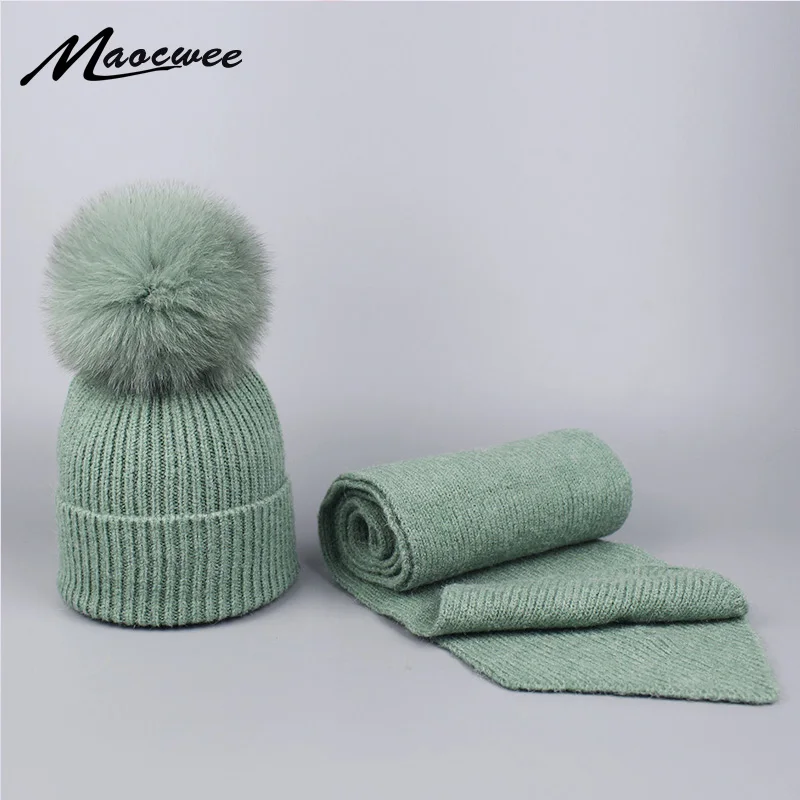 Parent-child Wool Knitted Scarf Hat Set With Real Fox Fur Pompons Women Girls Winter Warm Thick Crochet Hat Scarf 2 Pieces Sets