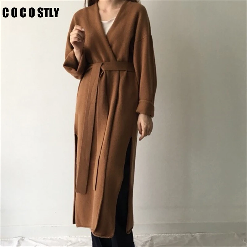Autumn Winter Women's Cardigan Simple Belt Female New Fashion Long Coat Loose Type Wool Knitted Cardigan Female Outwear