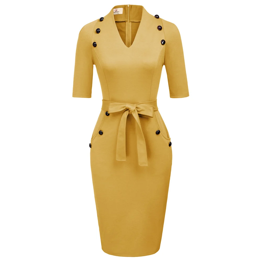 Naples Yellow Grace Karin женское ретро платье 1/2 рукав v-образный вырез пуговицы украшенное облегающее платье карандаш модное женское элегантное платье - Цвет: Naples Yellow