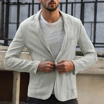 

INCERUN Men Blazers Long Sleeve Cotton Lapel Handsome Autumn Solid Color Business Casual Blazer Suits Jackets Men 2020 Thin Coat