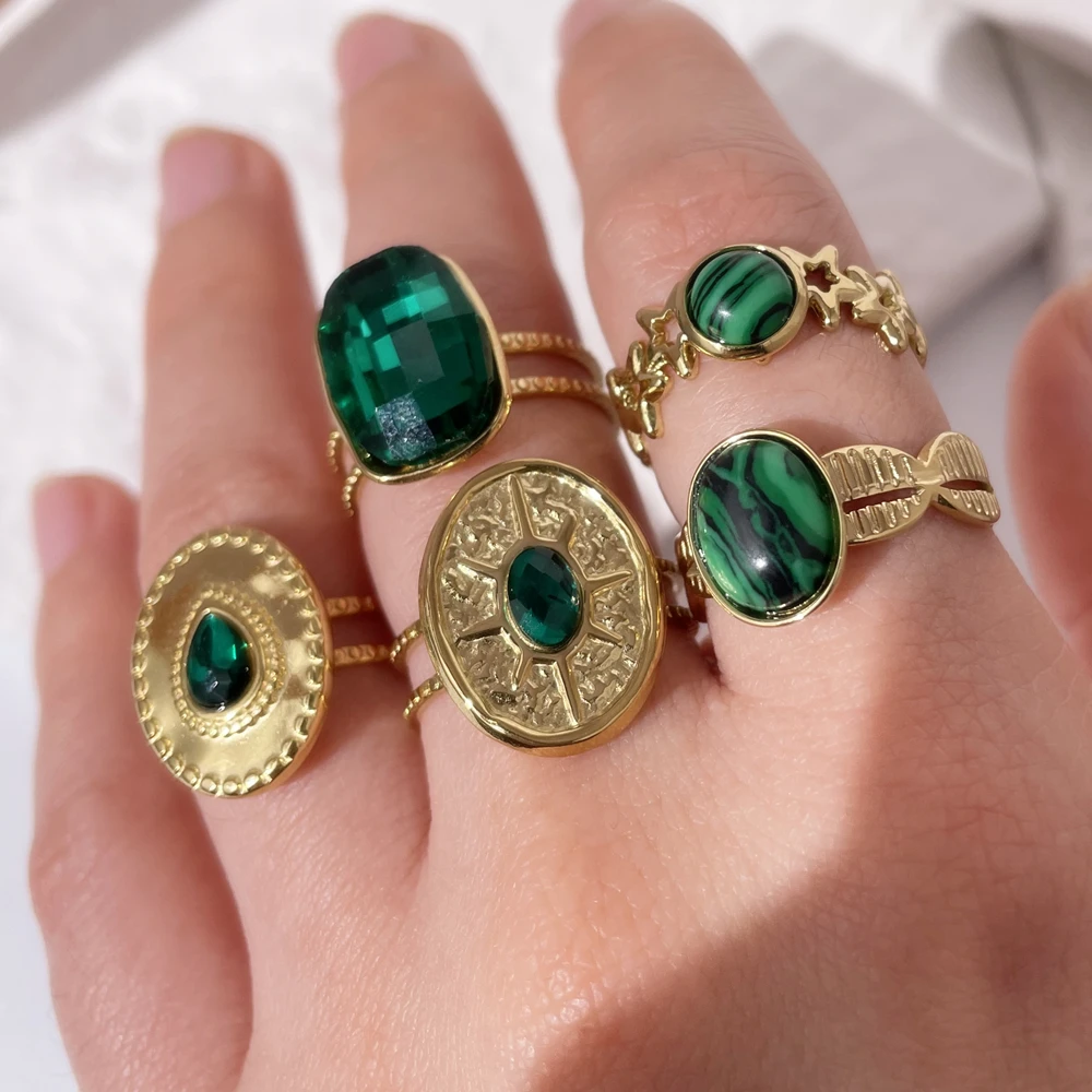 HangZhi New Bohemian Women's Ring Colorful Natural Stones Stainless Steel Tarnish Free Jewelry for Woman Wedding Ring Gifts