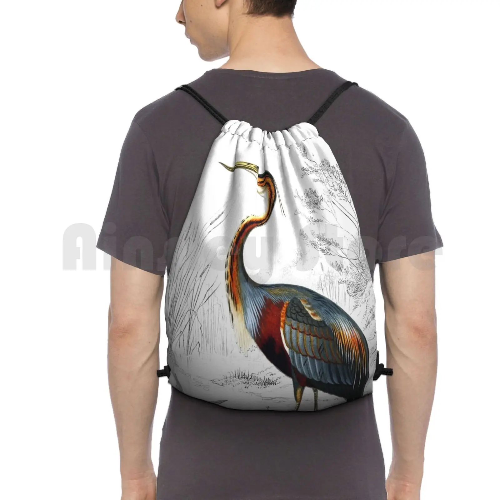 

Colorful Heron Antique Artprint Backpack Drawstring Bags Gym Bag Waterproof Nature Jungle Spring Floral Petal Beautiful