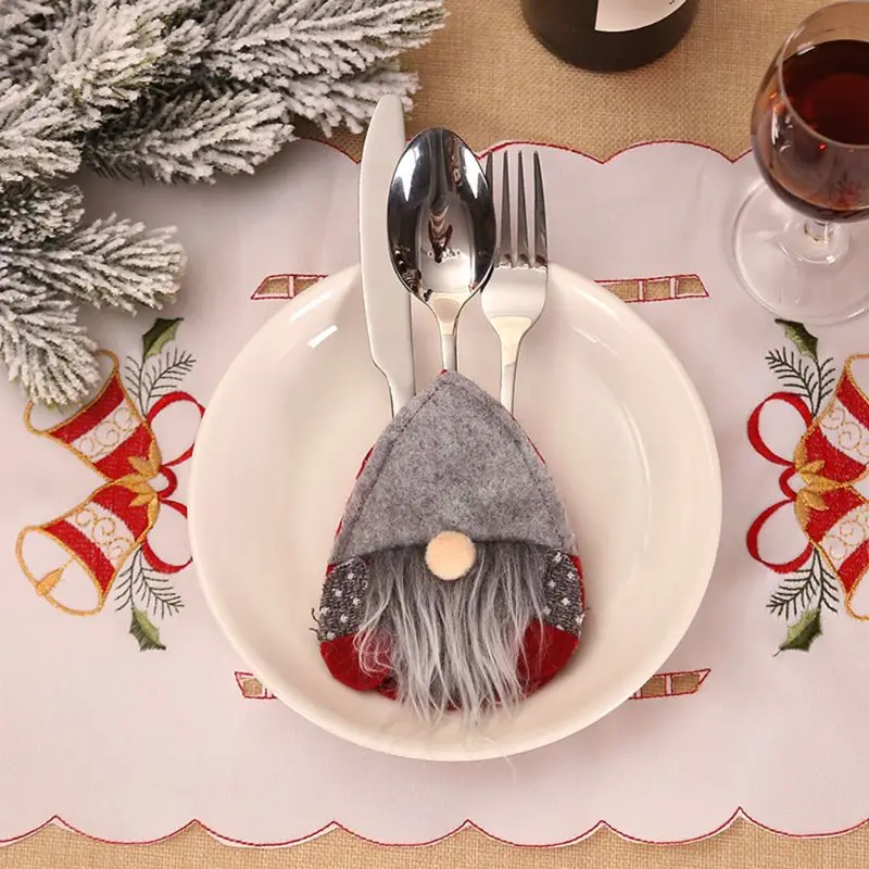 3 шт./компл. вилка, нож, столовые приборы держатель столовое серебро мешок шведский Санта гном искусственный цветы стол обеденный Декор