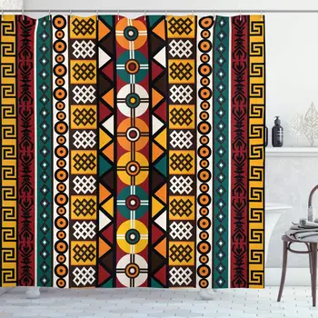 

Kente Pattern Shower Curtain Vertical Borders Inspired by Timeless Cultures Geometrical Design Polyester Fabric Bathroom Decor