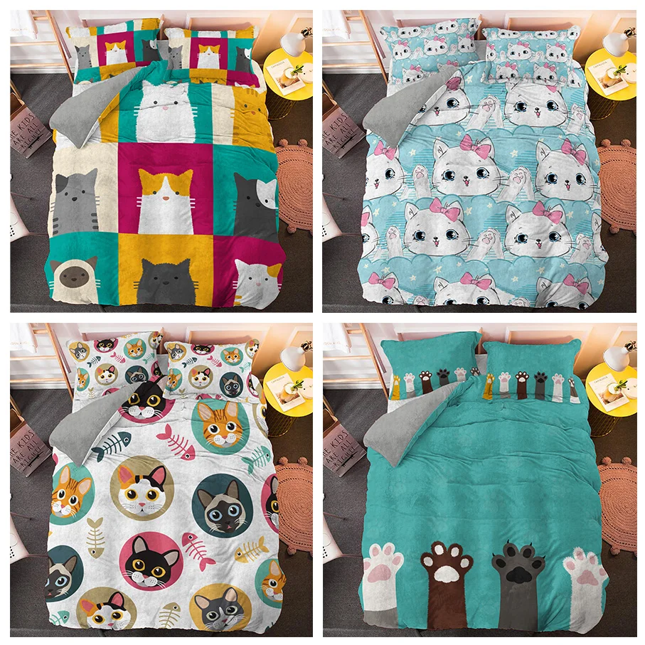 

Cute Animals Cat Bedding Set Cartoon Cat Dog Paw Kids Duvet Cover Set Printed Bedspread 3pcs Queen King Size Bedclothes