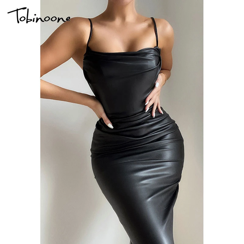 Tobinoone Fd vestido Midi elegante de cuero para mujer, vestido negro liso  con tirantes finos, suave, ajustado, Espalda descubierta, con cremallera,  Sexy, para fiesta|Vestidos| - AliExpress