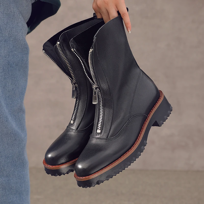 New Natural Genuine Leather Boots Women Metal Round Toe Ladies Ankle Boots for Women Square Heels Spring Autumn Shoes