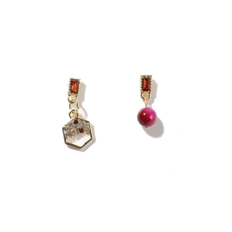 Punk S925 Needle Earrings New Sweet Red Bean Crystal Asymmetric Female Compact Geometric Hypoallergenic | Украшения и аксессуары