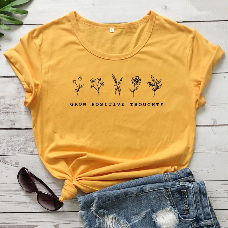 

Cotton T Shirt Grow Positive Thoughts Letter Wildflowers Print Women Short Sleeve O Neck Loose Tshirt Summer Tee Shirt Tops