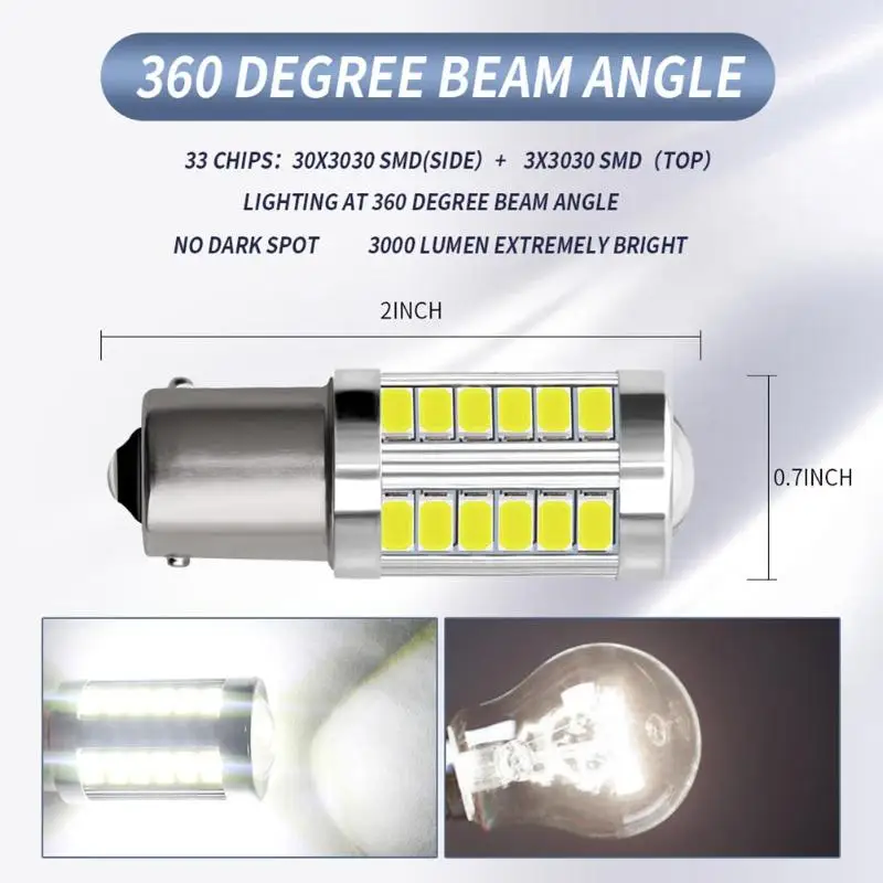 2 шт. светодиодный лампы 3 Вт 6000K 1200LM BAY15D 33SMD 5730 автомобильный тормозной сигнал поворота, отличительные положительные и отрицательные полюсы