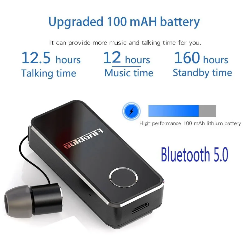 Fineblue F2 Pro bluetooth 5.0 aluminum alloy retractable call vibration Bluetooth earpiece 12 hours music call Bluetooth headset