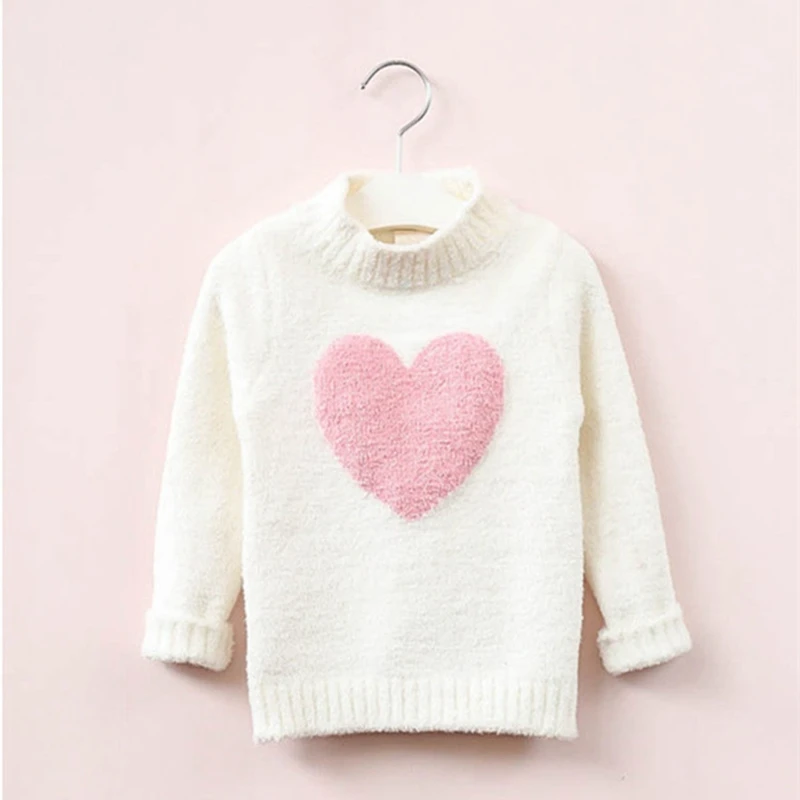 White Baby Girl Sweater Winter Autumn Long Sleeve Warm Knitted Sweater Girl Heart Pattern Half High Collar Soft Pullover Tops for 3-8Y - Цвет: White
