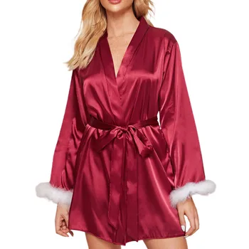 

Women's Long Sleeve Sleepwear , Sexy Long Sleeve V-neck High Waist Bathrobe, Solid Color Lace-up Underwear