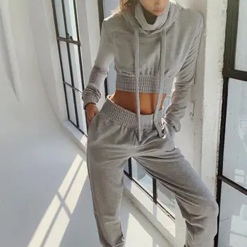 

2019 Autumn Women's Two Piece Set Casual Light Grey Hoodies Cropped Top Pencil Pants Elastic Tracksuit Jogging Cotton Sweatsuit