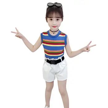 

2PCS Set Kids Baby Girl Coloful Striped Sleeveless Tops+ Solid High Waist Shorts Skirt Outfits Children's Casual Clothes Set W31