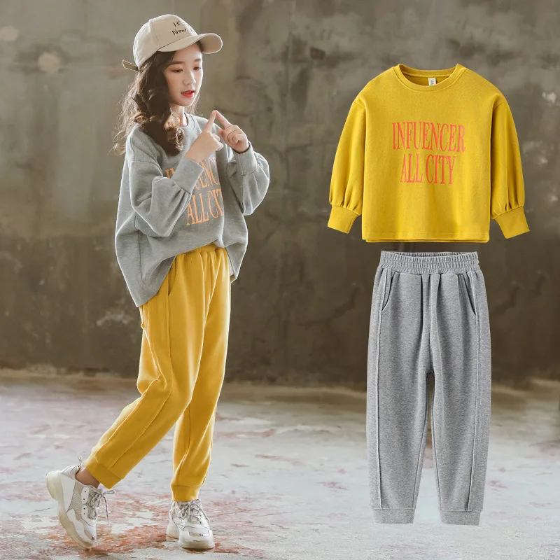 Winter Spring Teenager Girls Clothing Sets Two Pieces Top Sweatshirts+ Grey Casual Pants Kids Tracksuits Girls Sports Clothes
