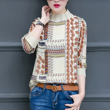 

Women Chiffon Blouses Long Sleeve Blouse and tops Spring Autumn Slim Office Lady Print Vintage O Neck Tops Female
