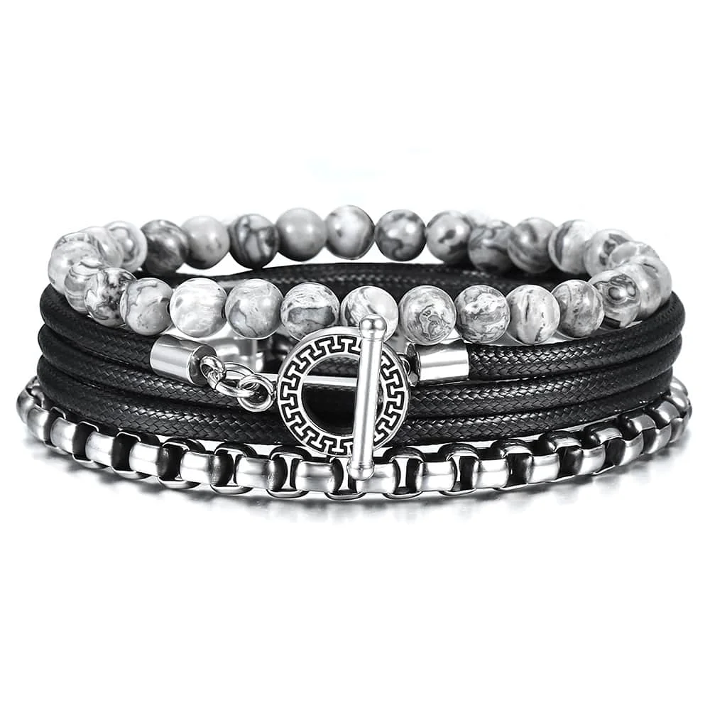 3pcs/Set Layered Bracelet for Men Women Natural Stones Beaded Stainless Steel Box Link Chain Man-made Leather Bracelet LTBX010