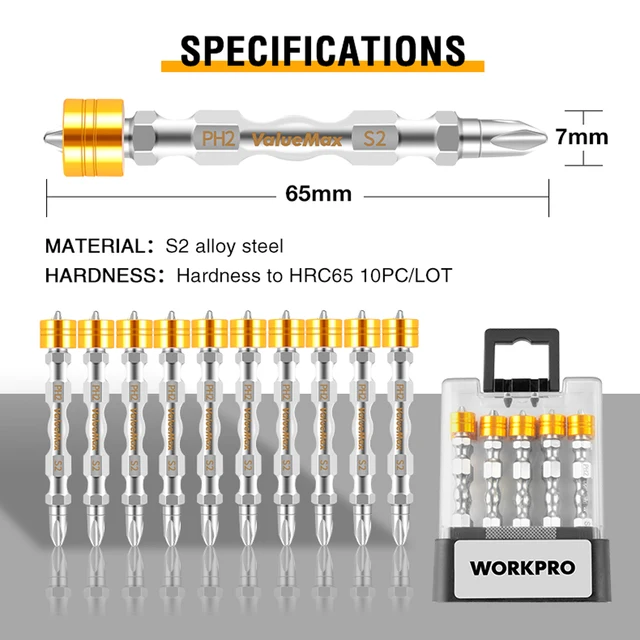 WORKPRO-Juego de puntas magnéticas para destornillador, 10 piezas, 65mm, con doble punta PH2 para electrodomésticos 6