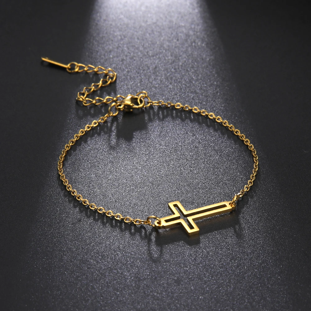 Skyrim Religious Christian Cross Women's Hand Bracelets Minimalist Stainless Steel Gold Color Bracelets Wholesale Friends Gift