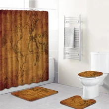 Винтажная занавеска для душа с принтом карты, 4 шт., покрытие для ковра, покрытие для унитаза, набор ковриков для ванной, занавеска для ванной комнаты с 12 крючками