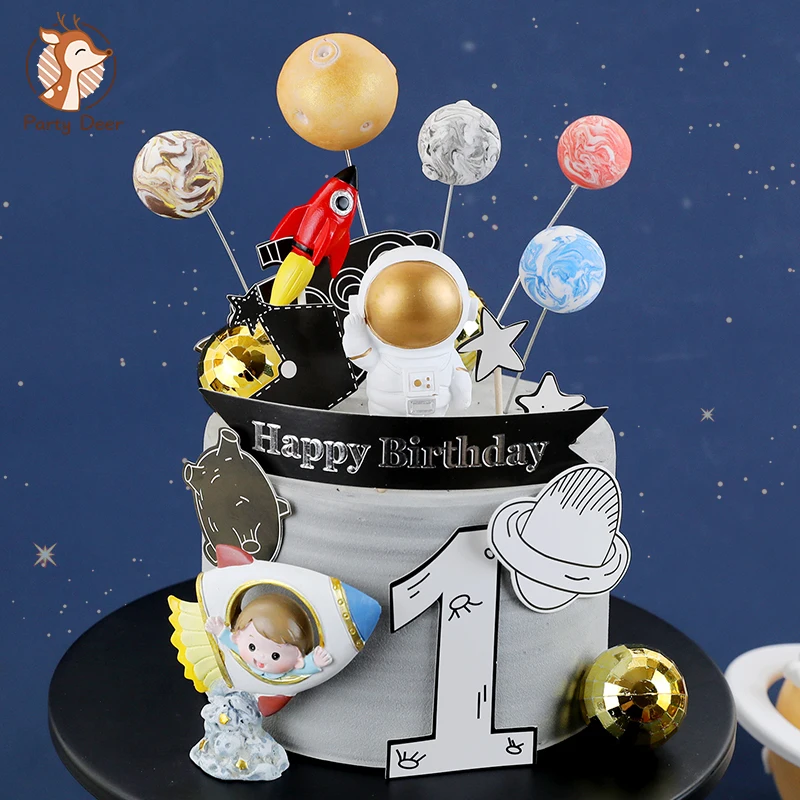 

Universe Stars Rocket Astronaut Moon Happy Birthday Letter Decoration Cake Topper Dessert for Children's Day Lovely Gifts
