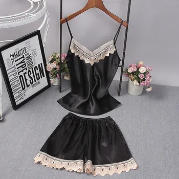 

Women Pajamas Sexy Lace Silk Pyjamas 2 Pieces Set Lingerie Clothes Black Straps Pijama Ladies Satin Sleepwear Pajama Suit