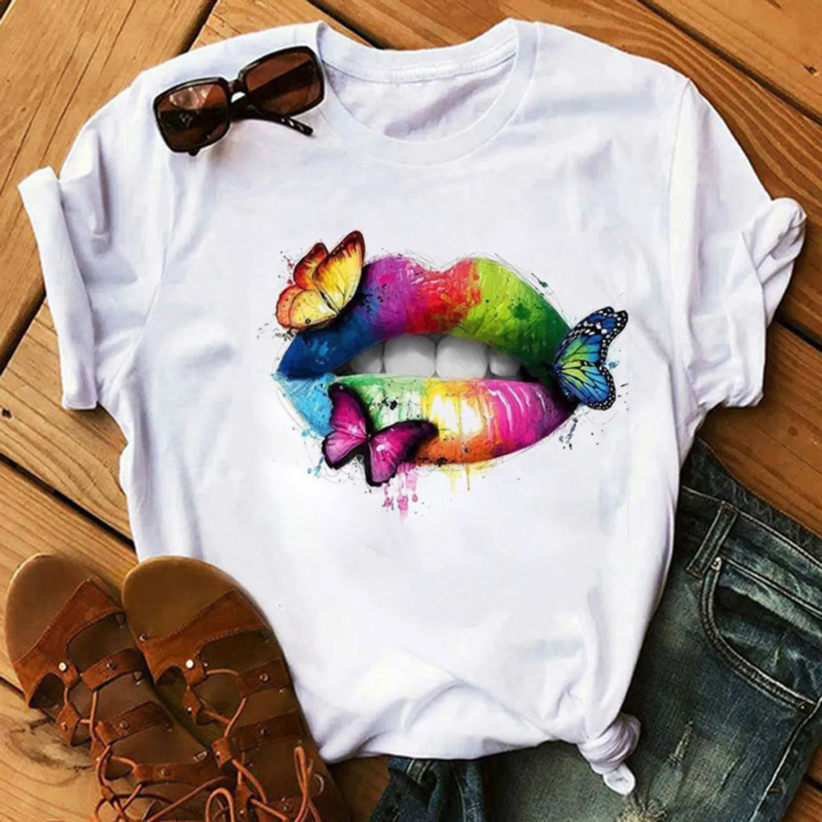 Blusa informal de talla grande con manga corta para verano, camisa con estampado de labios rojos para mujer, cuello redondo, # T2