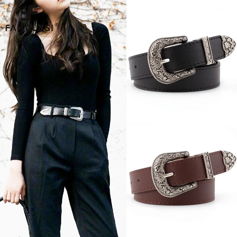 Black Leather Belt Women Metal Heart Buckle Waist Belt Vintage Western