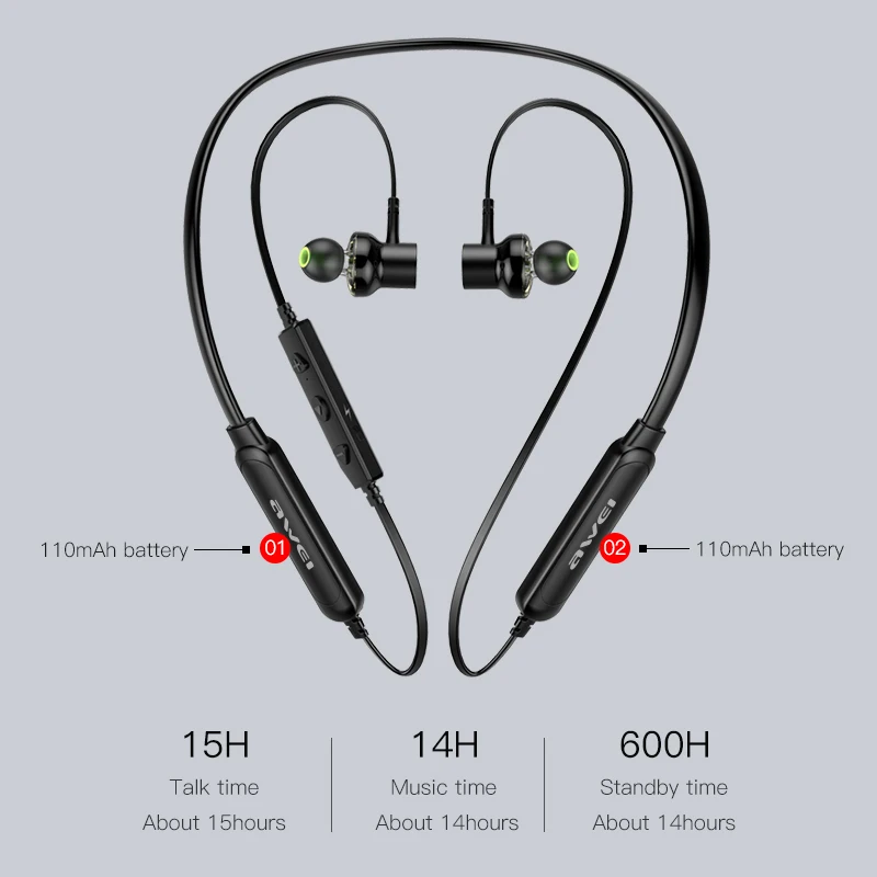 AWEI G20BLS Bluetooth наушники беспроводные наушники с микрофоном двойной драйвер 14H воспроизведение стерео шейным ободом гарнитура для iPhone Xiaomi