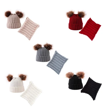 

2Pcs/Set two Pompon Knit Baby Hats Scarf Turban Beanie Warm Caps Soft Hat For Childern Girls Boys Pompom Elastic Bonnet Winter
