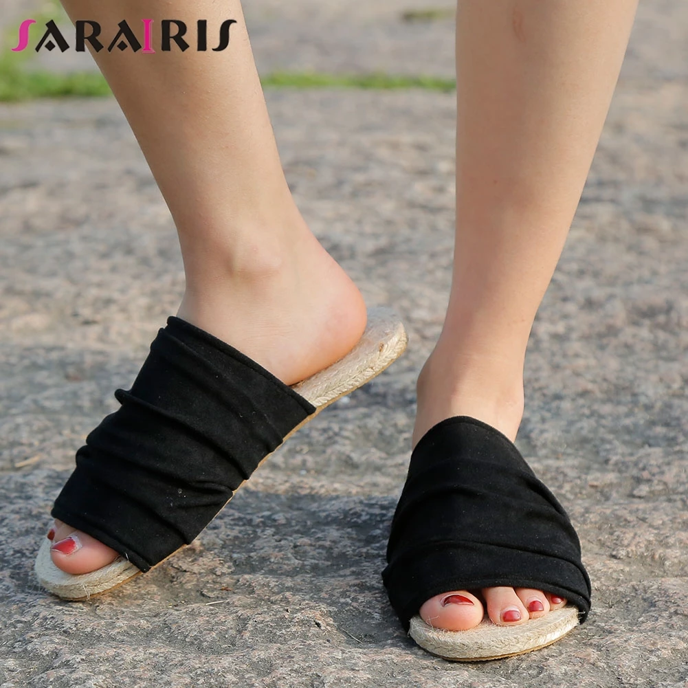 

SARAIRIS Ins Lady 2020 Casual Brand Fashion Slippers Summer Low Heels Slippers Women Flock Pleated Sweet Shoes Woman