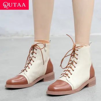 

QUTAA 2020 Mixed Color Round Toe Autumn Winter Ankle Boots Cow Leather Fashion Square Middle Heel Lace Up Women Shoes Size 34-39