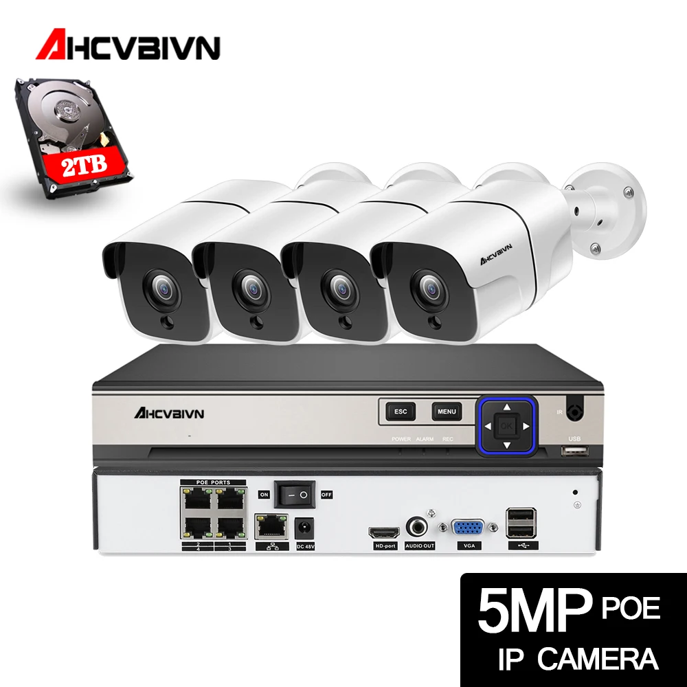 

Plug and play CCTV 4CH 5.0MP Surveillance Kit 2TB HDD Audio Video NVR Recorder 4 pcs Super HD 5MP Bullet Outdoor street Cameras