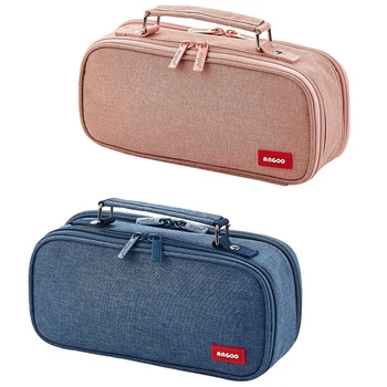 

ANGOO 2pcs Pencil Case Canvas Double Layer Large Capacity Kawaii School Supplies Makeup Bag Pen Box - Blue & Pink