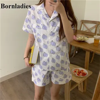 

Bornladies Summer Sweet Fruit Printed 2020 Fresh Pajamas Suits Cardigans Home Clothes Girls Chic All Match Loose Sleepwear
