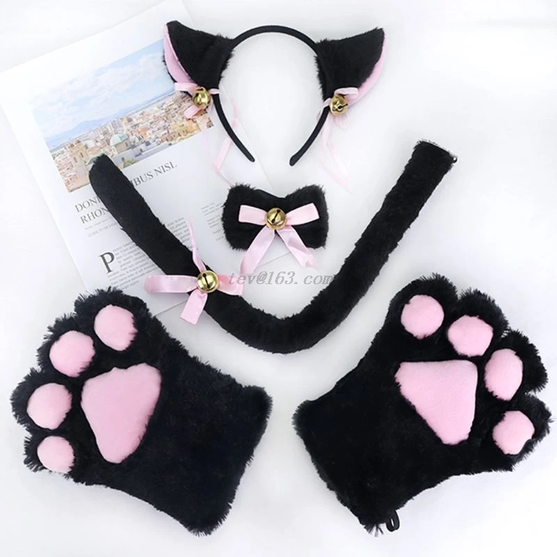 Game Cosplay Props Costume Headband Disco Hip Hop Costume Set Women Lady Cat Kitty Maid Cosplay Costume Set Plush Ear Bell Headband Bowknot Collar Choker Tail Paws Gloves Anime Props
