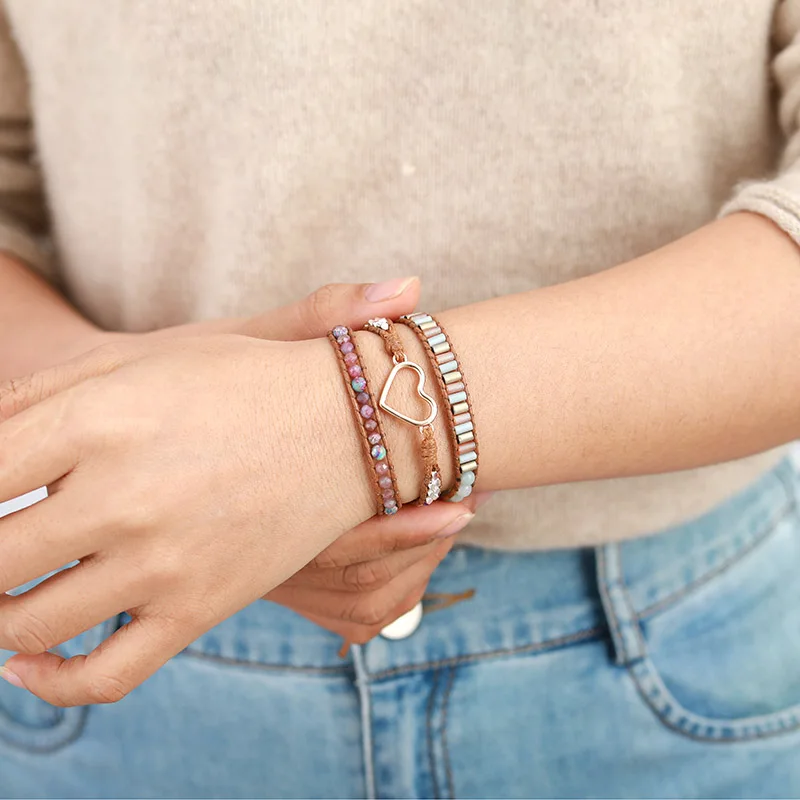 Heart Shape Wrap Bracelet W/ Stones Natural Tourmaline Crystal Weaving Statement Vegan Bracelet Bestfriend Sister Gifts