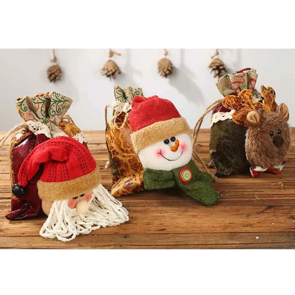 Christmas Apple Bags Santa Claus Snowman Deer Drawstring Candy Gift Bags for Holiday Party Favors Christmas Tree Decor Supplies