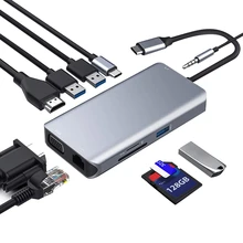 USB C концентратор, Тип C адаптер переменного тока, 10-в-1 ключ с Ethernet, 4K HDMI, VGA, 3 USB3.0, светодиодный дисплей, SD/TF Card Reader устройство чтения карт, Mic/аудио, USB-C PD 3,0, совместимость f