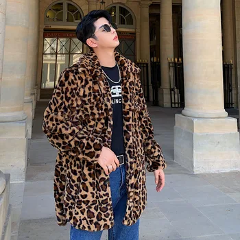 

Men Women Winter Coat Vintage Leopard Faux Fur Loose Long Trench Jacket Male Streetwear Fashion Outerwear Lovers Overcoat
