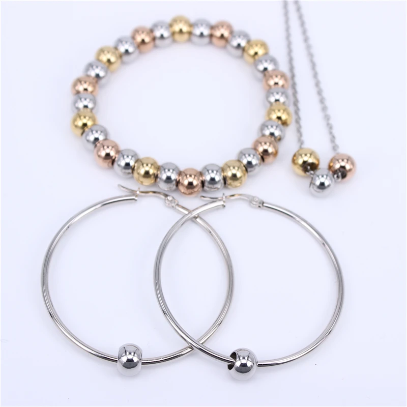 earring size 50mm Три набора гладких бусин из нержавеющей стали ювелирные изделия(браслет серьги ожерелье) 3 цвета на выбор Размер серьги бесплатно 10 мм-70 мм - Окраска металла: earring size 50mm