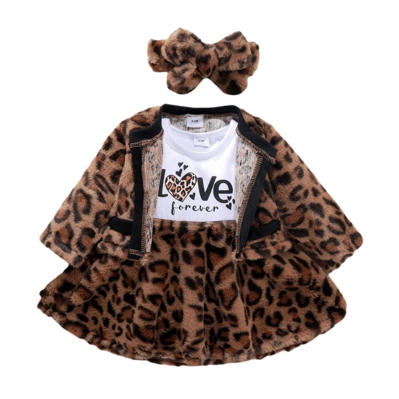 baby clothing set line Infant Baby Girls Letter Long Sleeve Headband Warm Leopard Princess Outwear Cardigan Winter 3 Pcs baby shirt clothing set