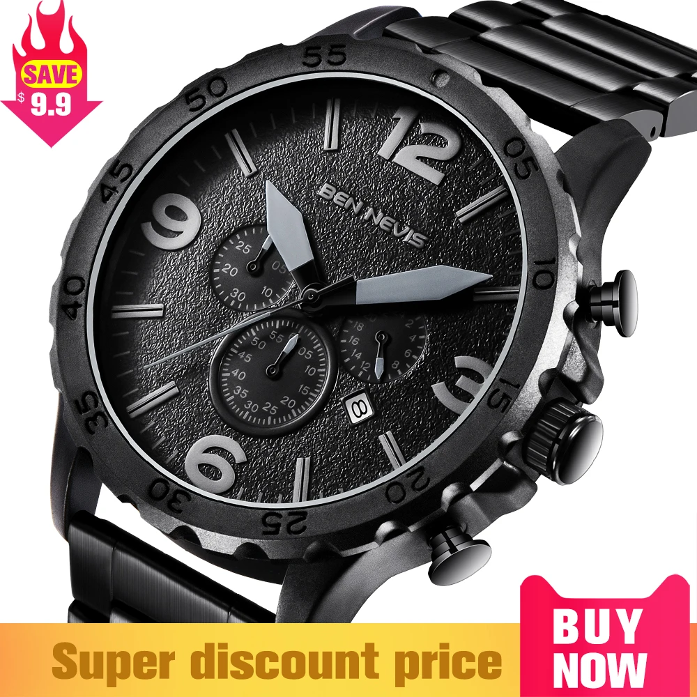 Men's Quartz Watches Waterproof BEN NEVIS Large Watch for Men Luxury Chronos Sports Black Wristwatch New Clock with Gift Box