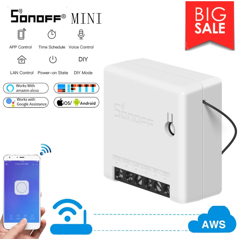 SONOFF мини WiFi умный переключатель таймер модуль переключатель приложение/LAN/голосовой пульт дистанционного управления DIY Режим домашней автоматизации с Google Alexa