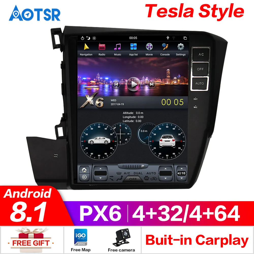 Best PX6 car radio 1 din android 8.1 Tesla style screen For Honda Civic 2012-2015 car android dashboard multimedia head unit player 0