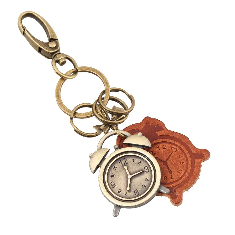 

Punk Men Retro Cattle-leather Key Ring Bronze Alarm Clock Decorative Pendant Genuine Leather Accessories