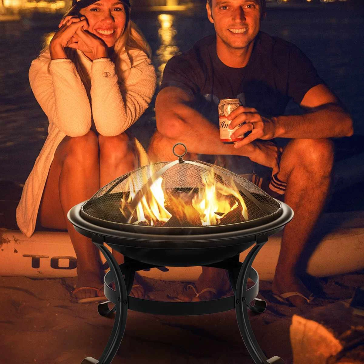 Outdoor Fire Pit Wood Burning Steel BBQ Grill Firepit Bowl with Mesh Fire Pit Outdoor Fireplace for Backyard Camping Picnic