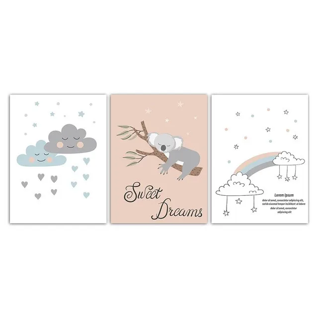 

Creative Cartoon Cute Animal Poster Nordic Printing Kara Bear And Rainbow Oil Painting Children's Room Decoration Painting
