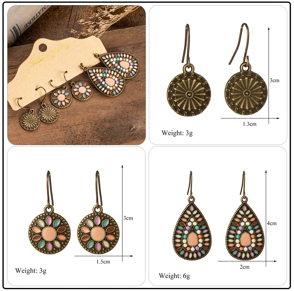 Bohemian Ethnic Vintage Big Round Earring Sets Jewelry for Women Acrylic Beads Pendant Silver Circle Flowers Earrings (2)
